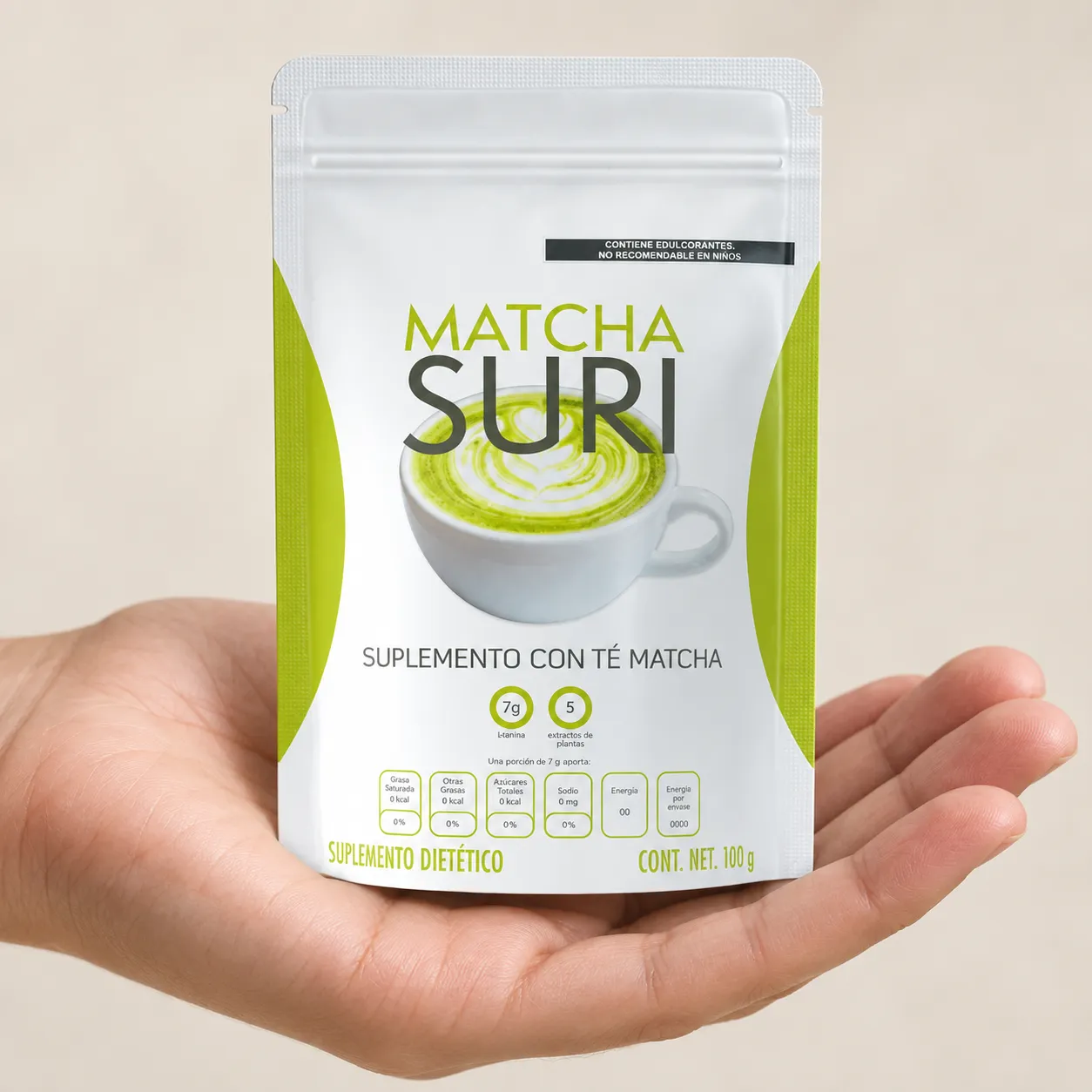 Matcha Suri — the package held in a hand